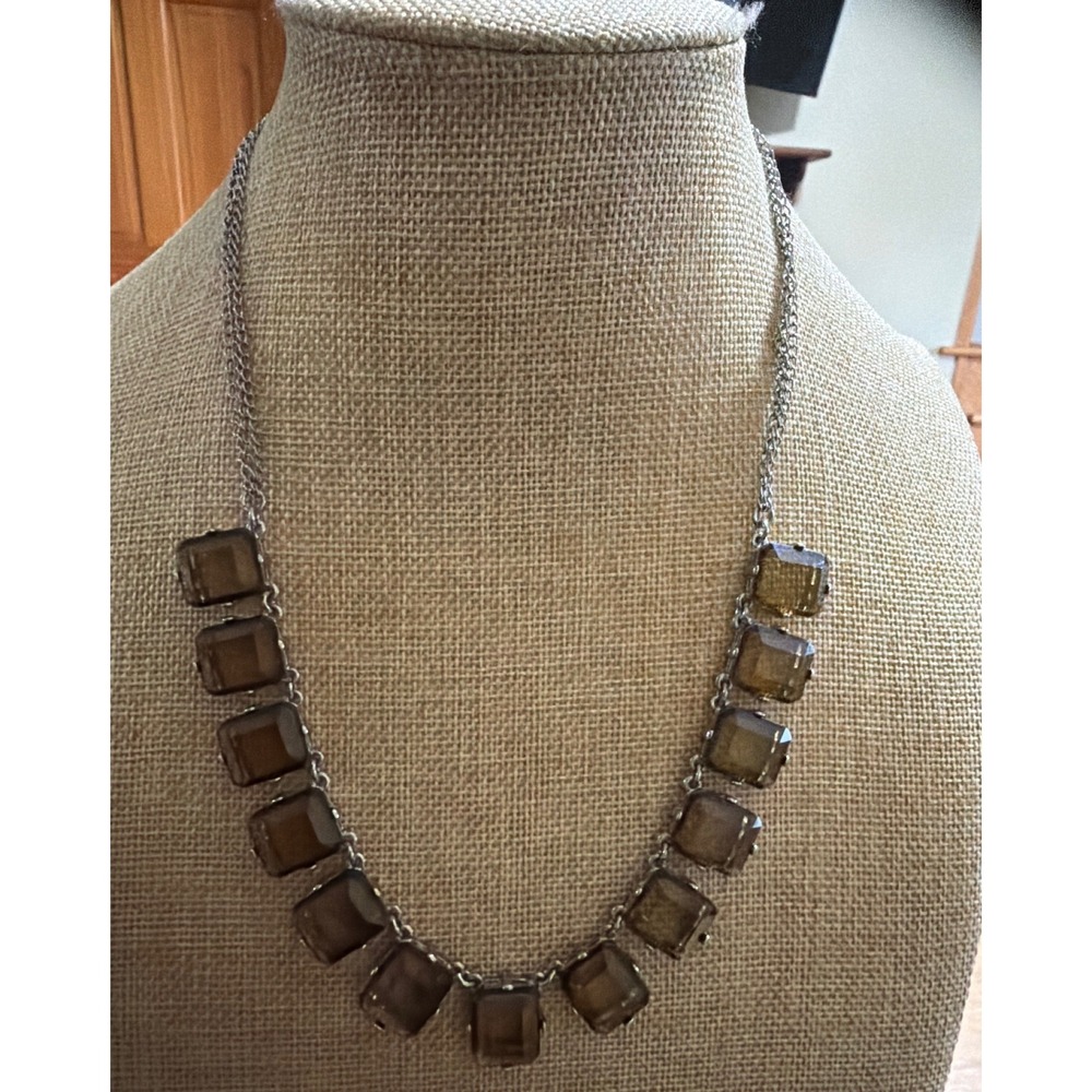 Amber Color Brown Faceted Glass Stone Statement Necklace Silver Tone Adjustable